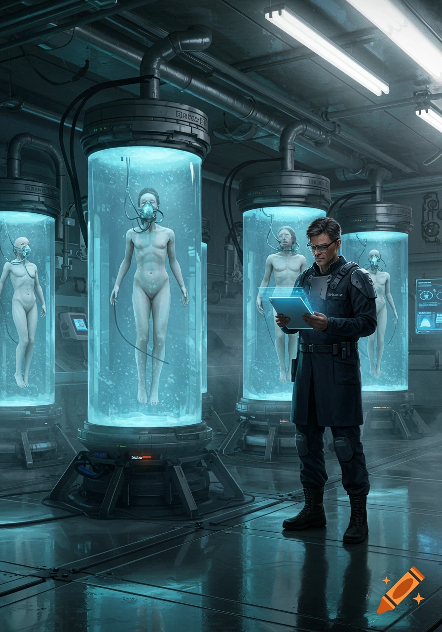 A scientist in a dark lab observes nude figures suspended in glowing blue bio-tanks, in a detailed sci-fi illustration.