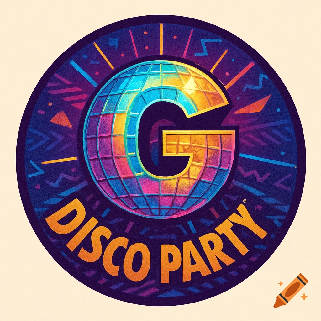 A vibrant disco party logo featuring a G-shaped disco ball and the words DISCO PARTY in orange.