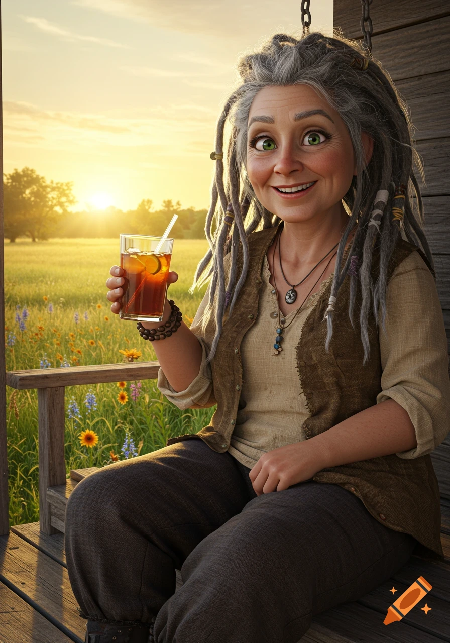 Happy cartoonish woman with dreadlocks and green eyes on a porch swing, holding a drink at sunset in a wildflower field.