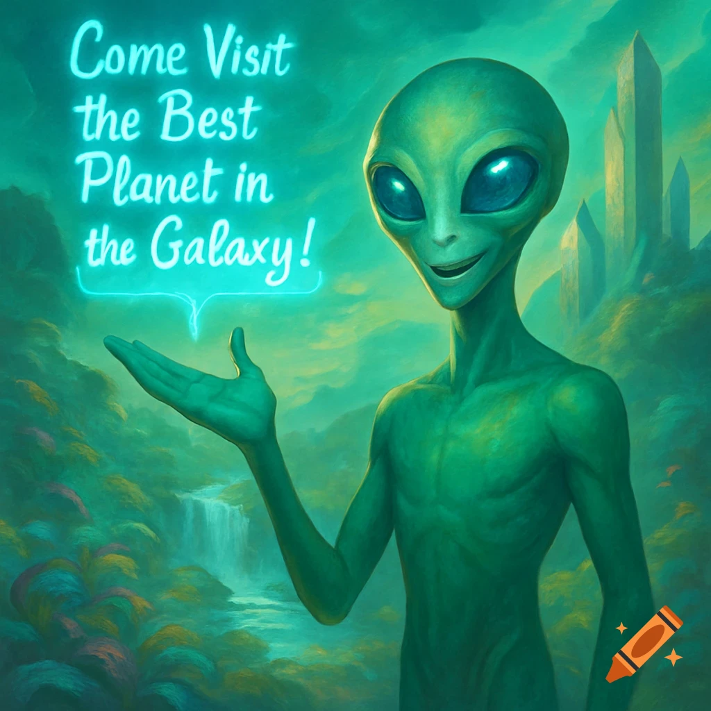 A green alien with large eyes gestures towards glowing neon text that reads "Come Visit the Best Planet in the Galaxy!" in a lush, fantastical alien landscape with distant structures.