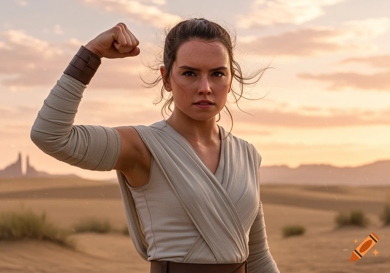 Rey from Star Wars flexing her bicep in a desert landscape under a warm sky.