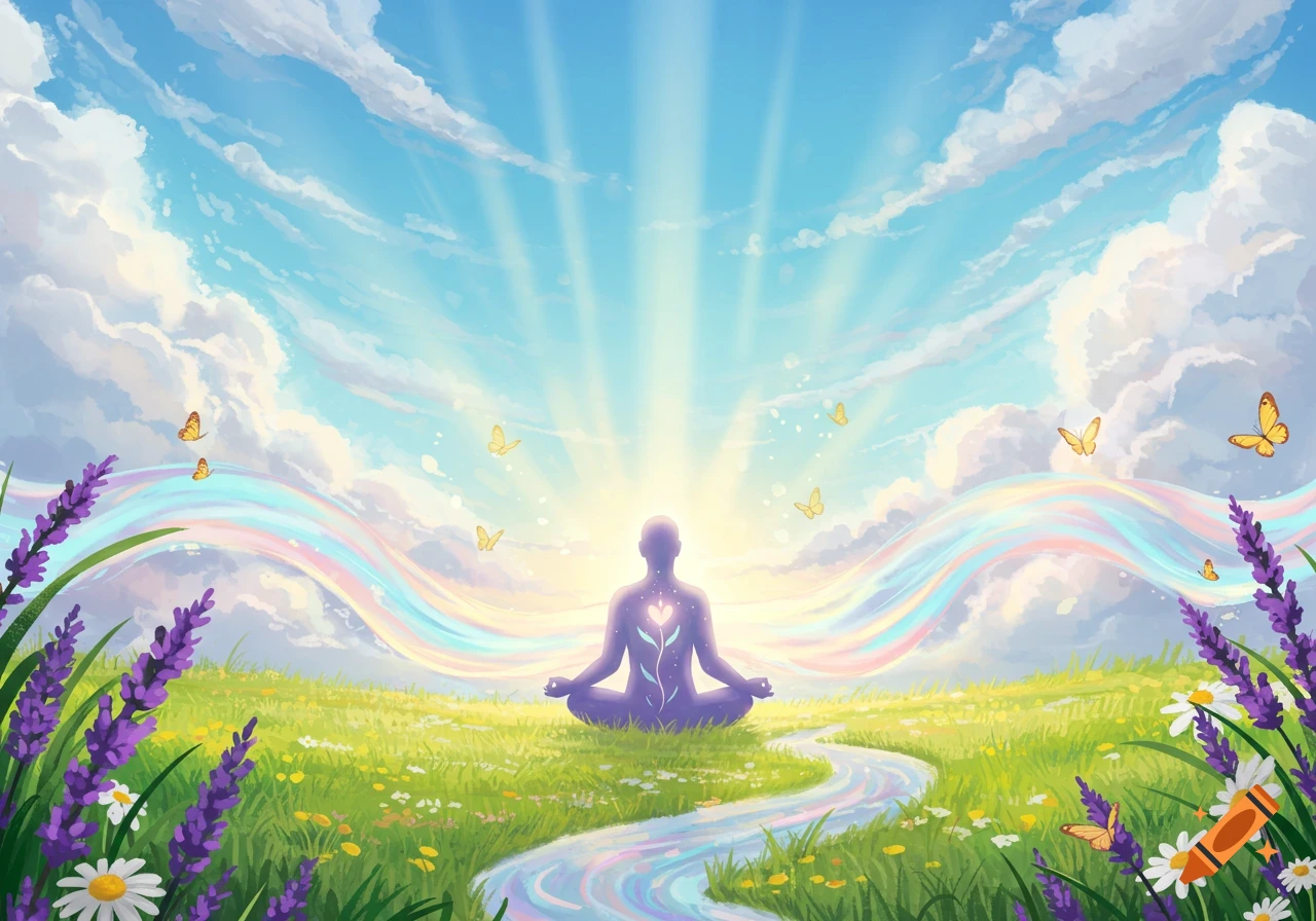 A silhouette meditates in a vibrant green field with lavender and daisies, under a bright blue sky with radiating sunbeams and butterflies. A colorful stream flows from them. Illustrative style.