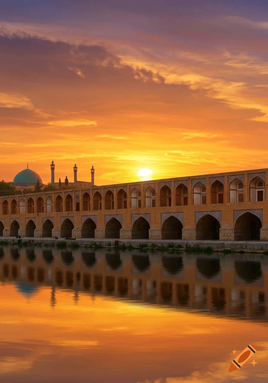 A historic multi-arched bridge reflected in water under a vibrant orange and purple sunset sky, with a dome and minarets in the background.