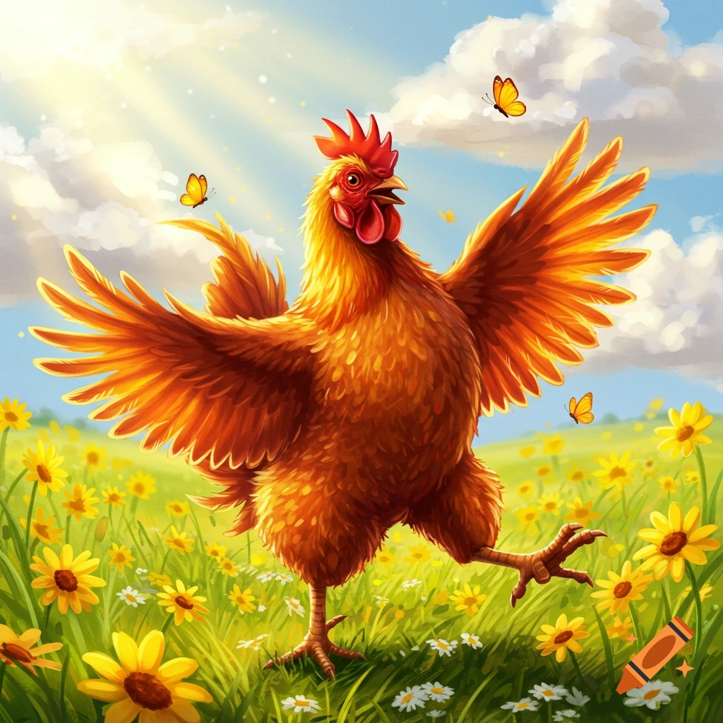 An excited, vibrant chicken with spread wings dances in a sunny field of yellow flowers and green grass with butterflies.