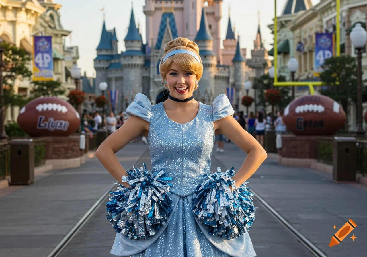 Cinderella in a blue cheerleading uniform with pom-poms smiles at Walt Disney World, with the castle and giant footballs.