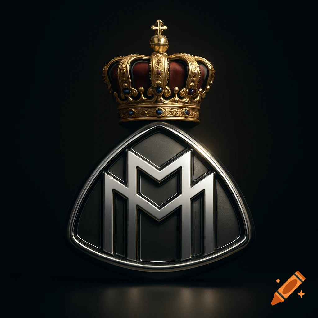 A highly detailed Maybach logo in silver with a gold and red crown adorned with jewels resting on top, against a dark background.