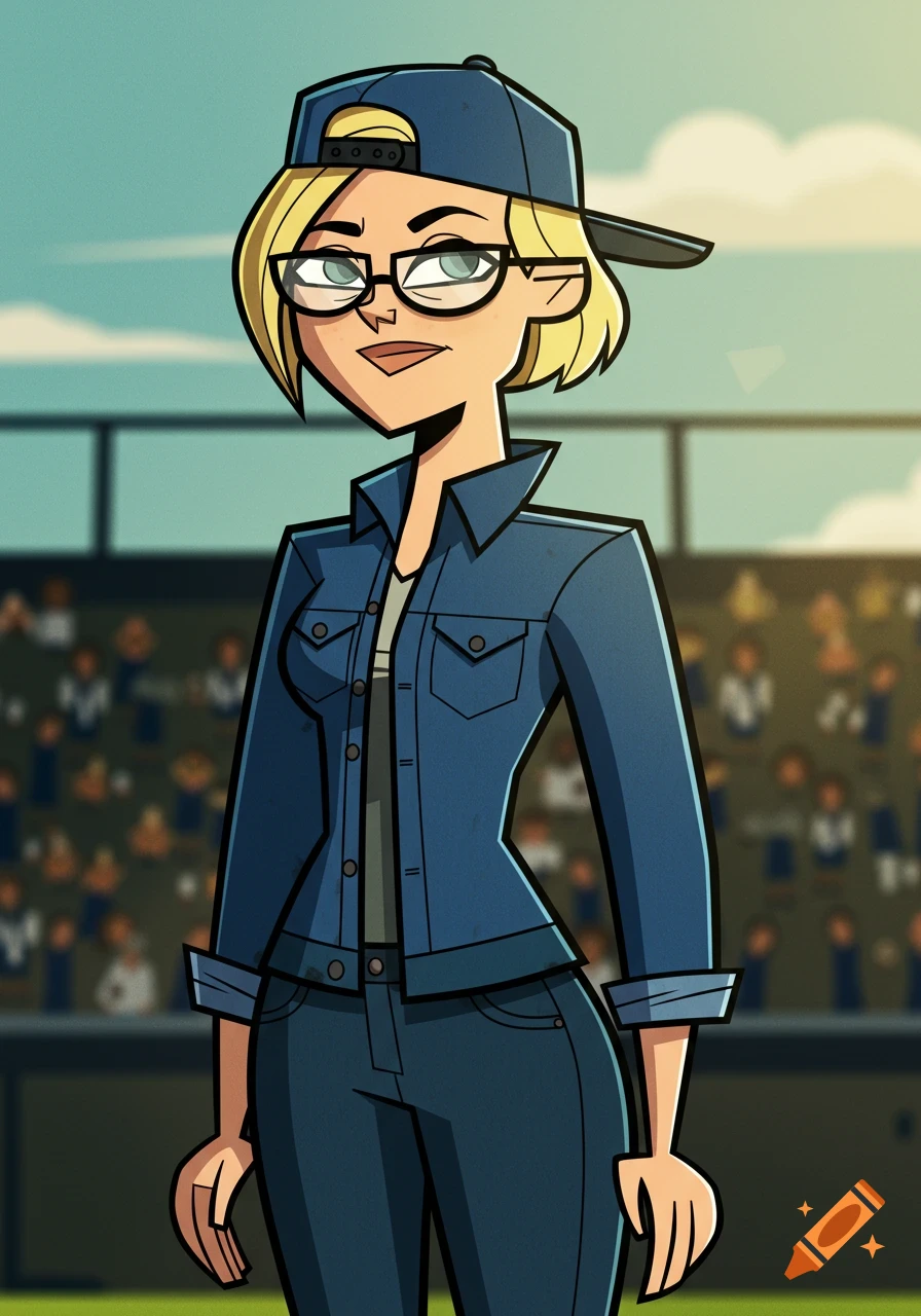 A cartoon woman with short blonde hair and glasses wears a blue baseball cap and denim jacket, standing in a stadium.
