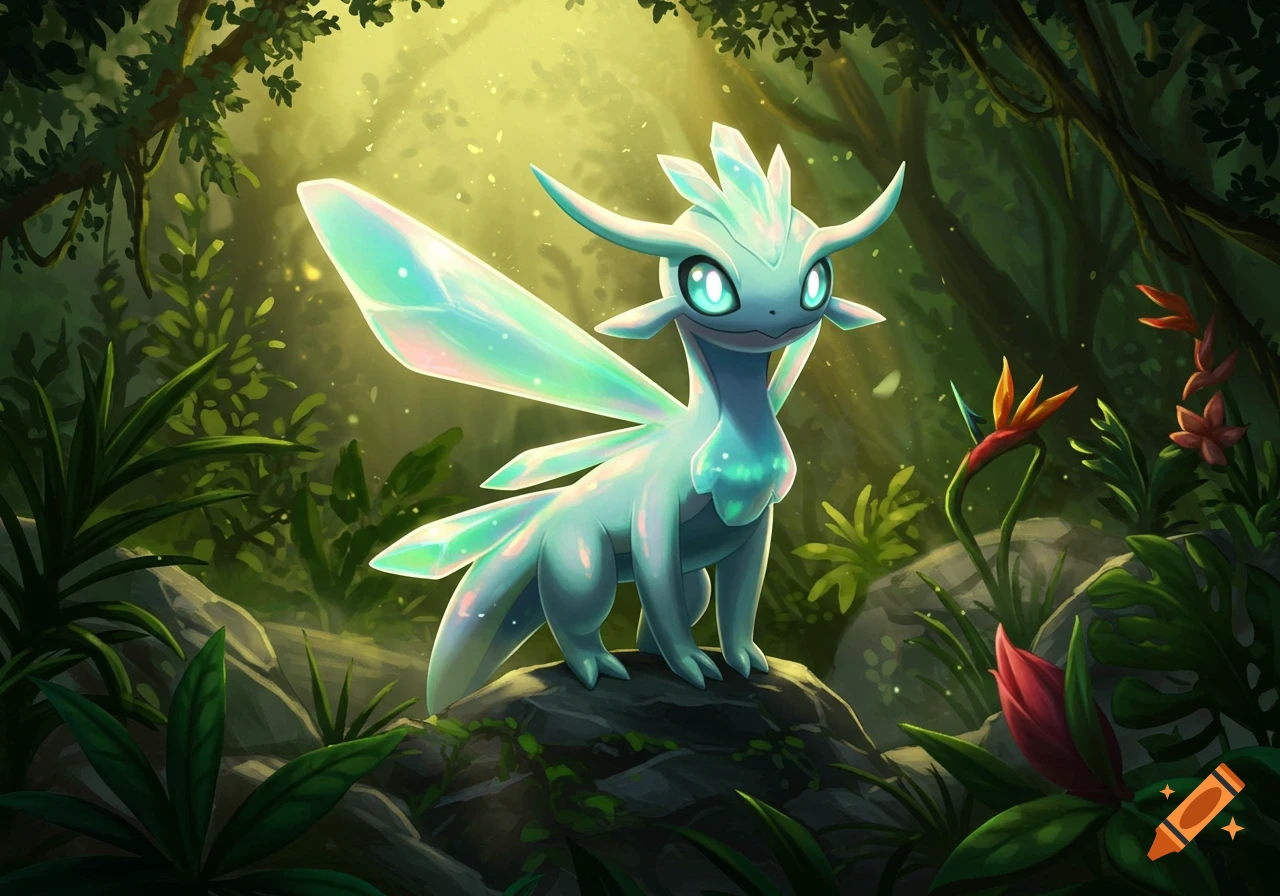 A light blue crystal-winged creature with horns stands on a rock in a sunlit jungle.