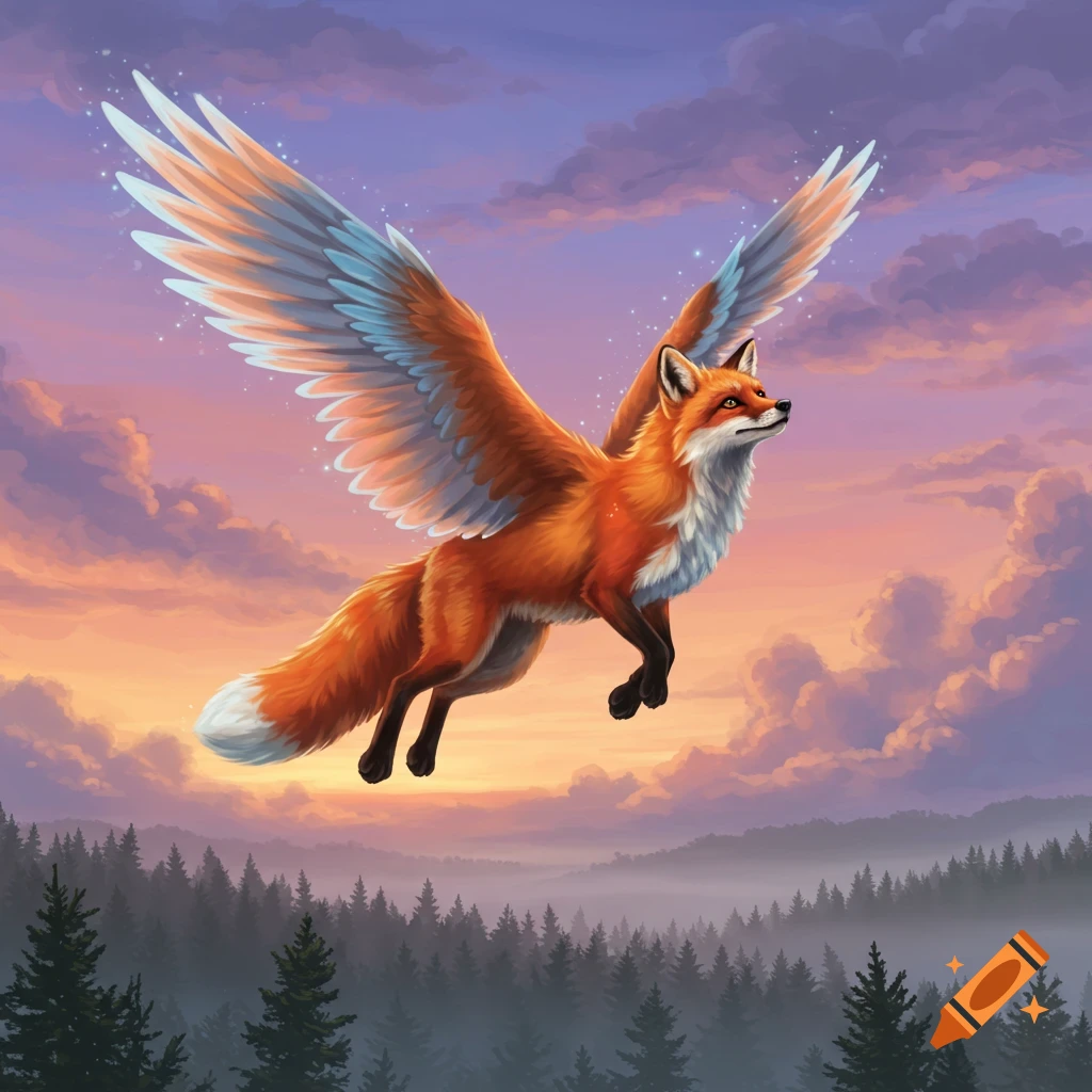 A winged fox with orange fur flies gracefully through a vibrant sunset sky above a misty forest.