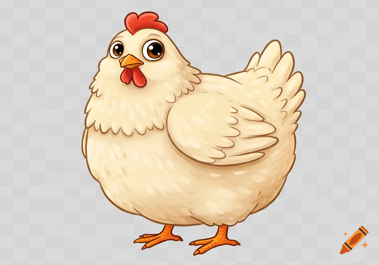 A cute cartoon adult chicken with a white body, red comb, and orange beak and feet, on a transparent background.