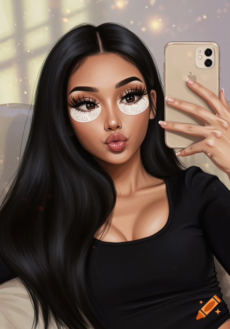 Illustration of a woman with long black hair, eye patches, and fake lashes, pouting while taking a selfie with a phone.