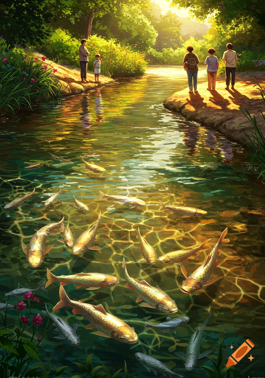 Painterly illustration of people by a riverbank, with many fish visible in the clear, sunlit water. Lush green foliage surrounds the river.