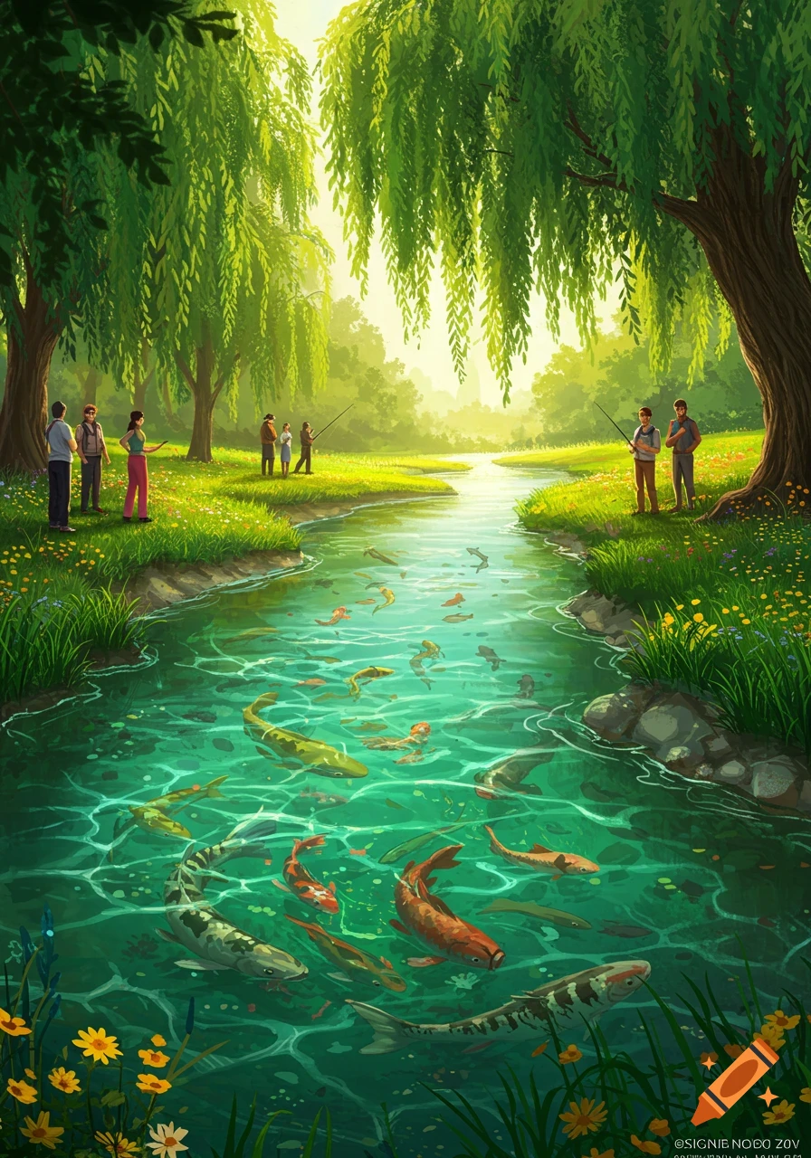 An illustration of people standing by a vibrant green river filled with numerous fish, surrounded by lush trees under a sunny sky.