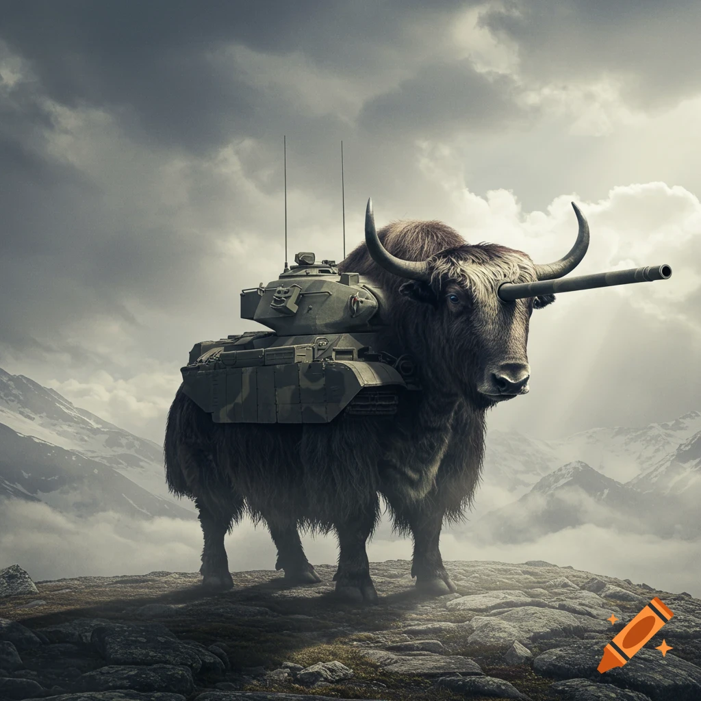 A photorealistic image of a brown yak with a tank turret on its back and a tank barrel from its head, standing on a rocky mountain peak under an overcast sky.