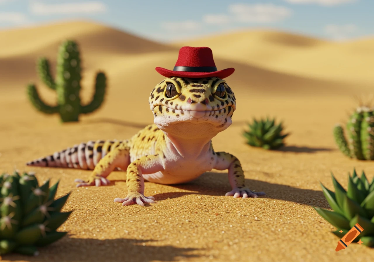 A cute photorealistic leopard gecko wearing a red hat sits in a sandy desert with cacti.