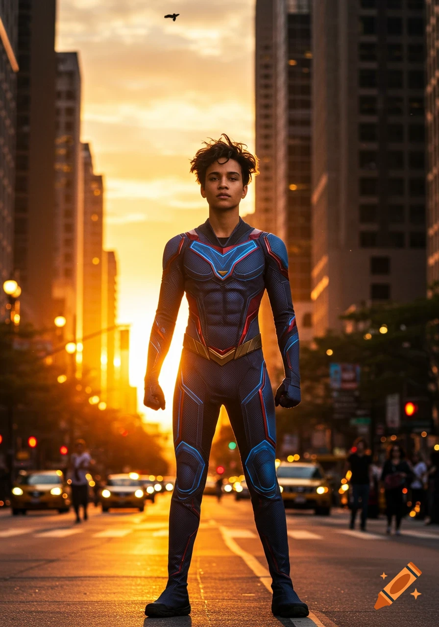 A young superhero in a blue and red suit stands heroically on a city street at sunset, buildings and traffic behind them.