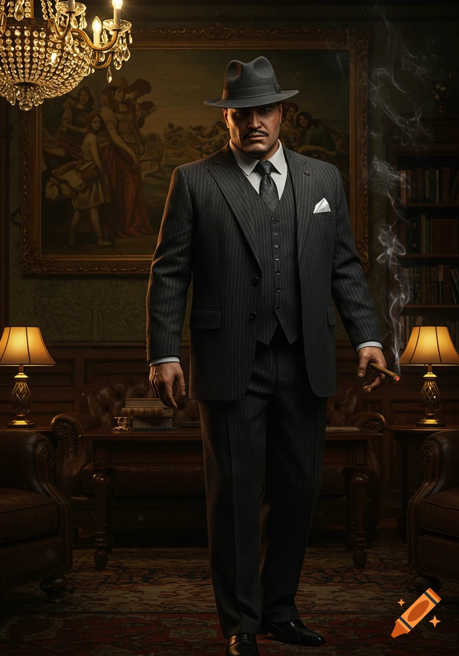 Photorealistic portrait of a man in a pinstripe suit and fedora, standing in a dimly lit, luxurious room, holding a lit cigar.