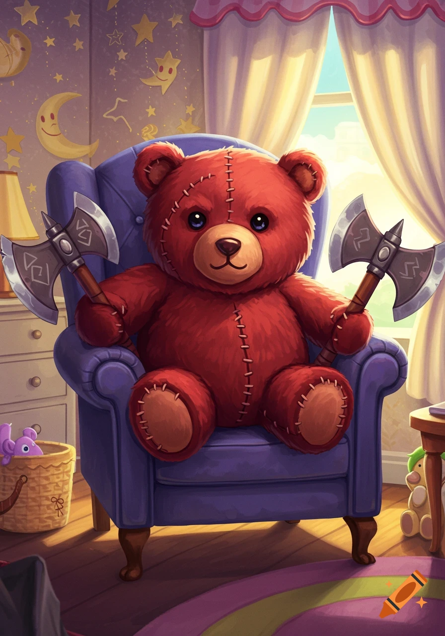 A red teddy bear with stitches sits in a purple armchair, holding two battle axes, in a child's room.