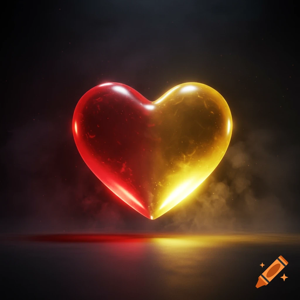 A glowing heart, red on the left and gold on the right, floats above a reflective surface amidst smoke in a dark setting.