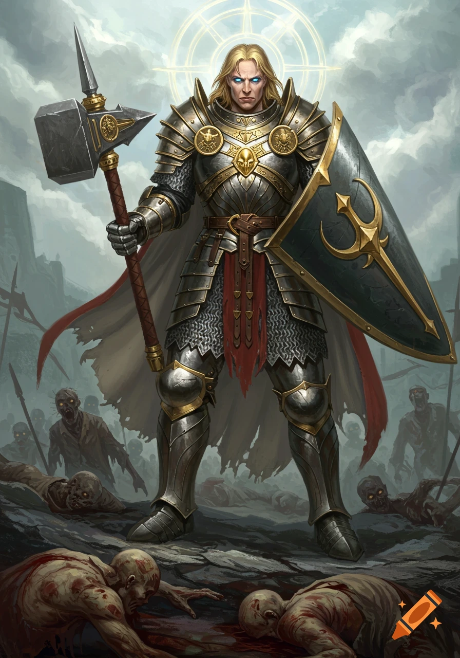 A heroic paladin knight in ornate armor, wielding a warhammer and shield, stands triumphantly over a pile of defeated zombies on a battlefield.