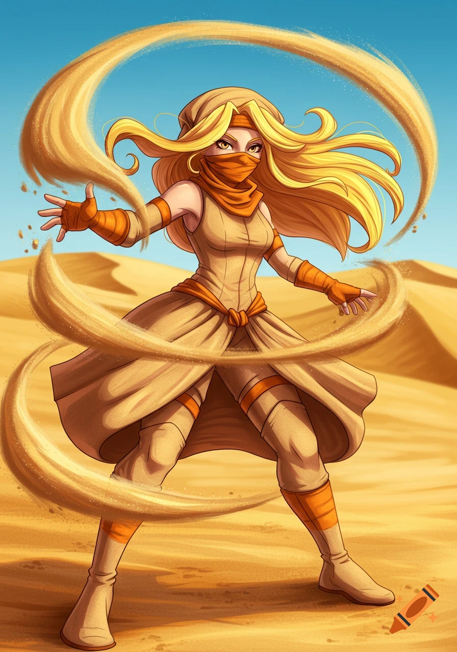 A female anime superhero in a desert manipulates sand, wearing a sand-colored jumpsuit and a head covering.