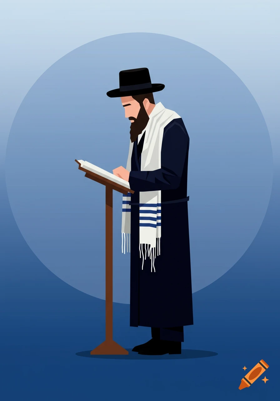 An illustration of a Hasidic Jew in a black hat and coat, wearing a tallit, standing and reading from a prayer book on a podium against a blue background.