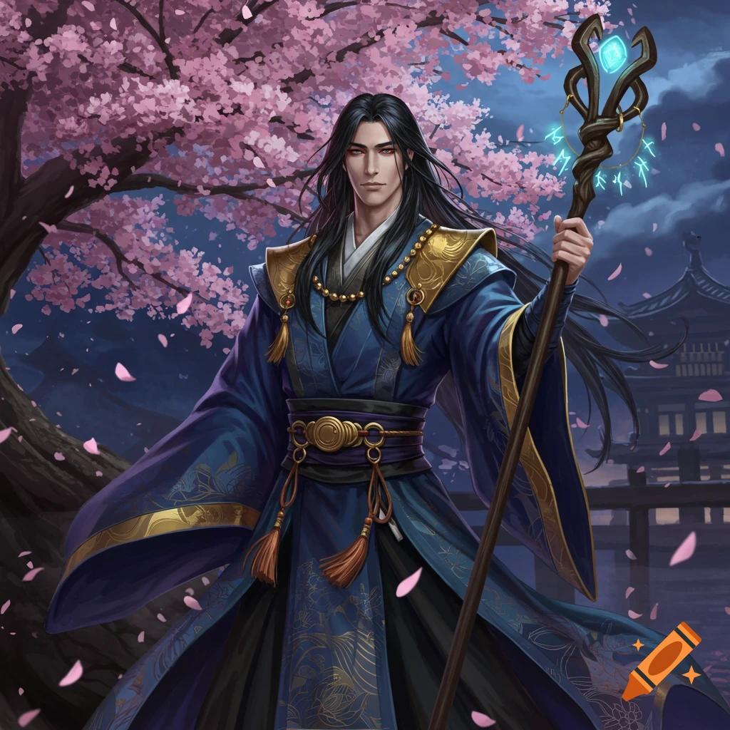 A long-haired male mage in a blue and gold robe holds a glowing staff under a cherry blossom tree at night.