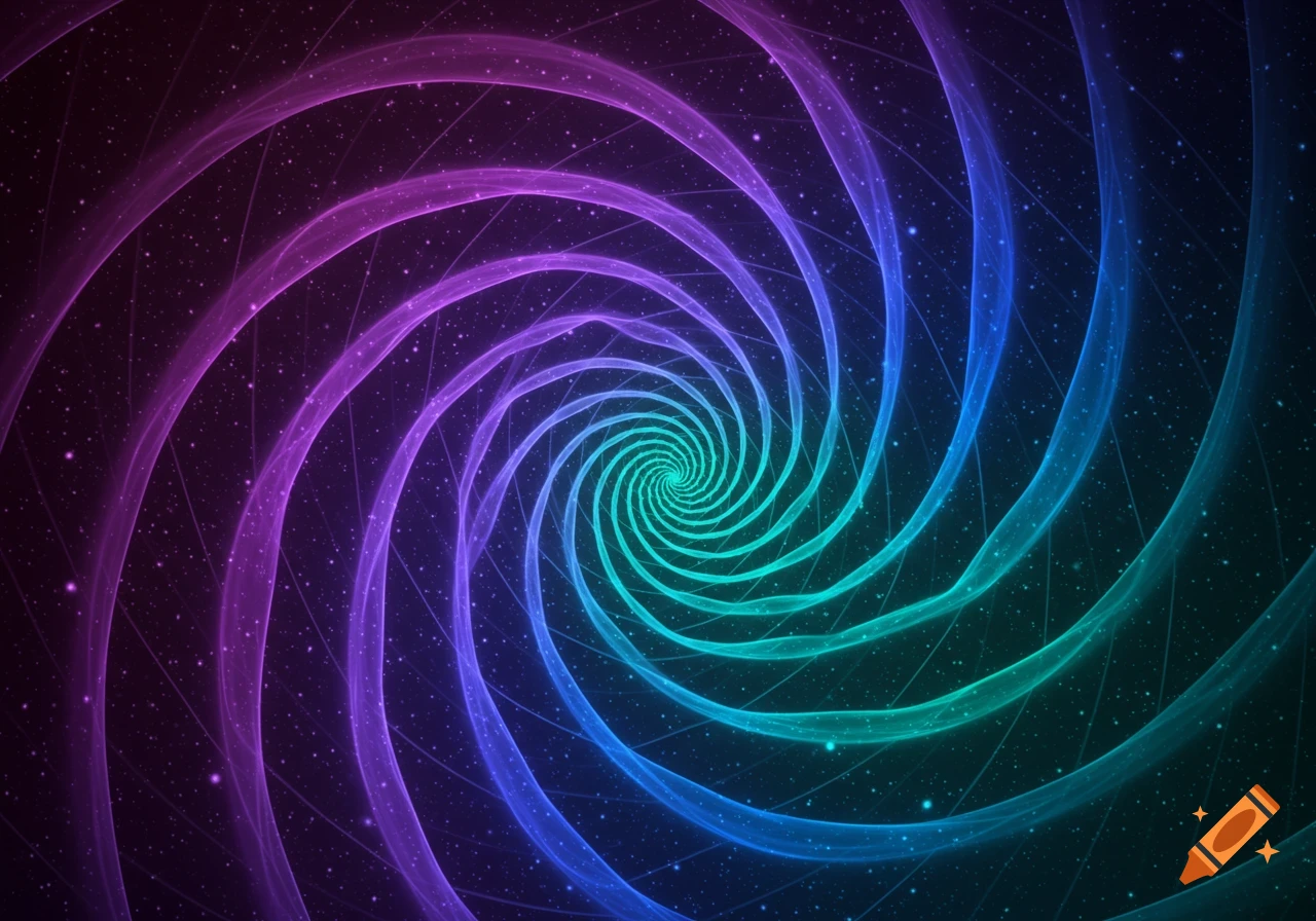 A vibrant, colorful spiral composed of translucent ribbons, transitioning from purple to blue to green, set against a dark, starry background.