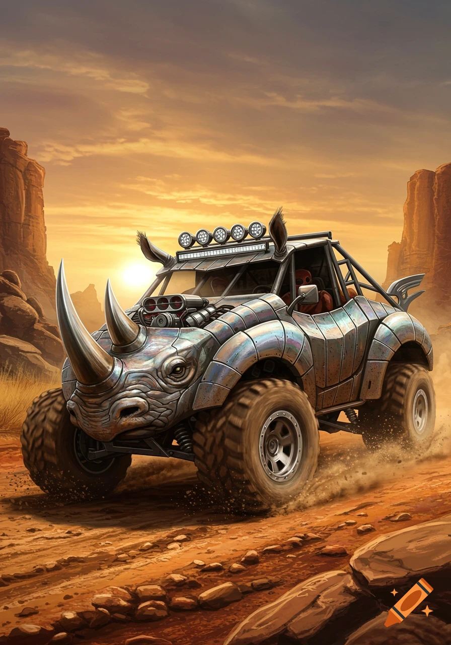 A detailed, stylized offroad vehicle with a rhino head design drives through a desert landscape at sunset.