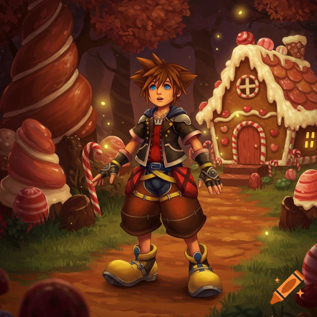 Sora from Kingdom Hearts stands in a vibrant candy land forest, holding a candy cane, with a gingerbread house behind him.