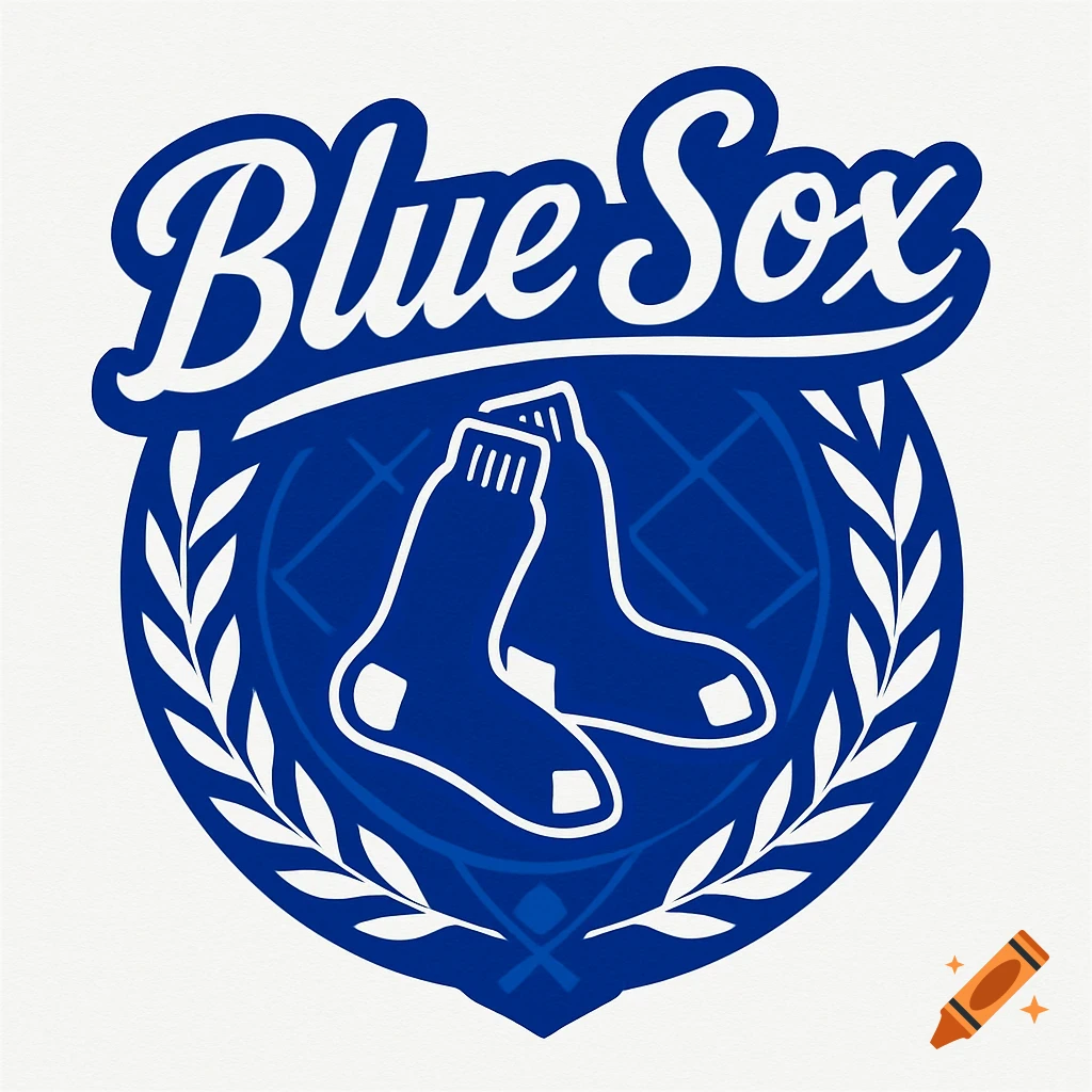 A blue and white baseball logo for the 'Blue Sox' team, featuring two socks within a crest surrounded by a laurel wreath.