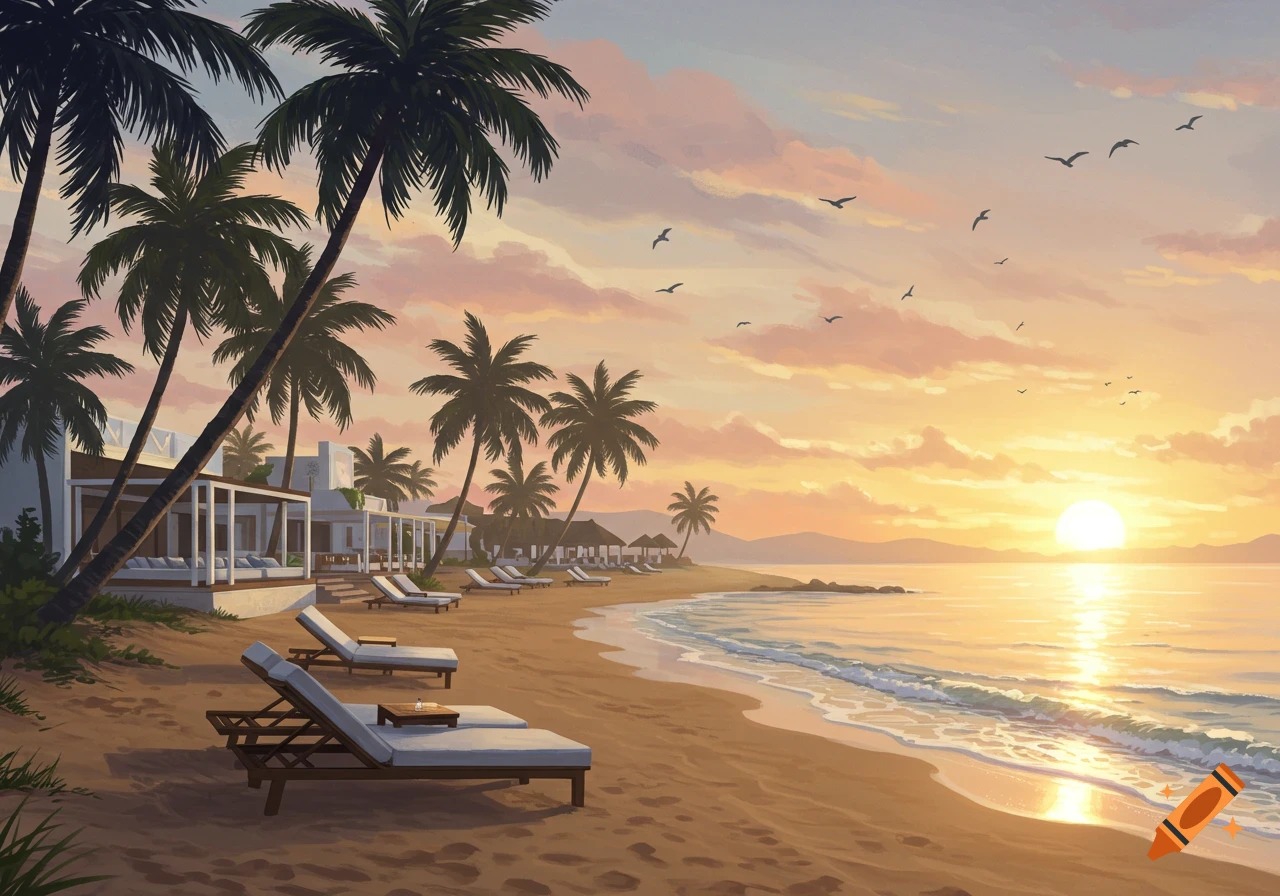 A beautiful beach scene at sunset with palm trees, lounge chairs, and resort buildings along the shore. The sun reflects on the calm ocean.
