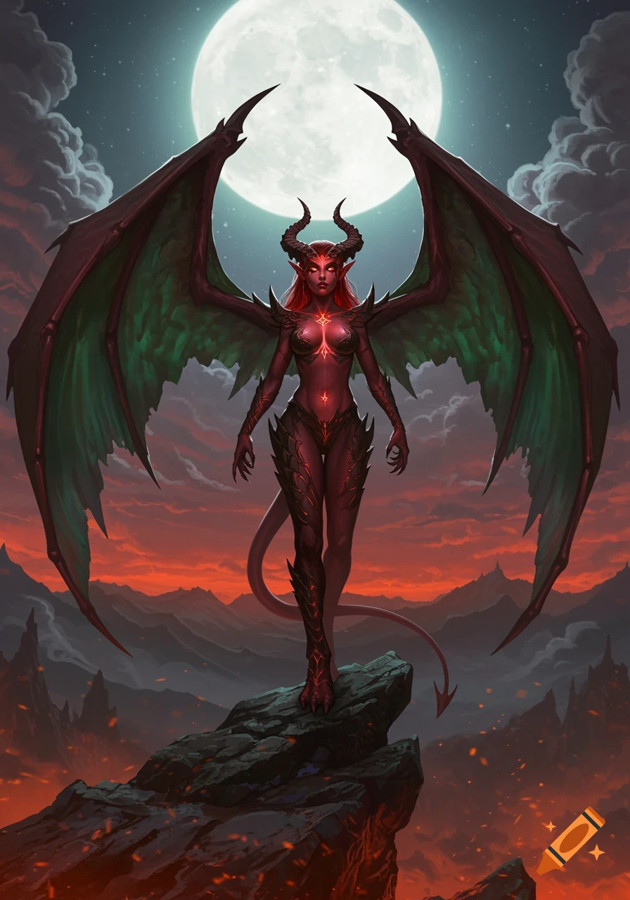 A red-skinned female demon with large green and red dragon wings stands on a volcanic rock under a full moon and fiery sky.