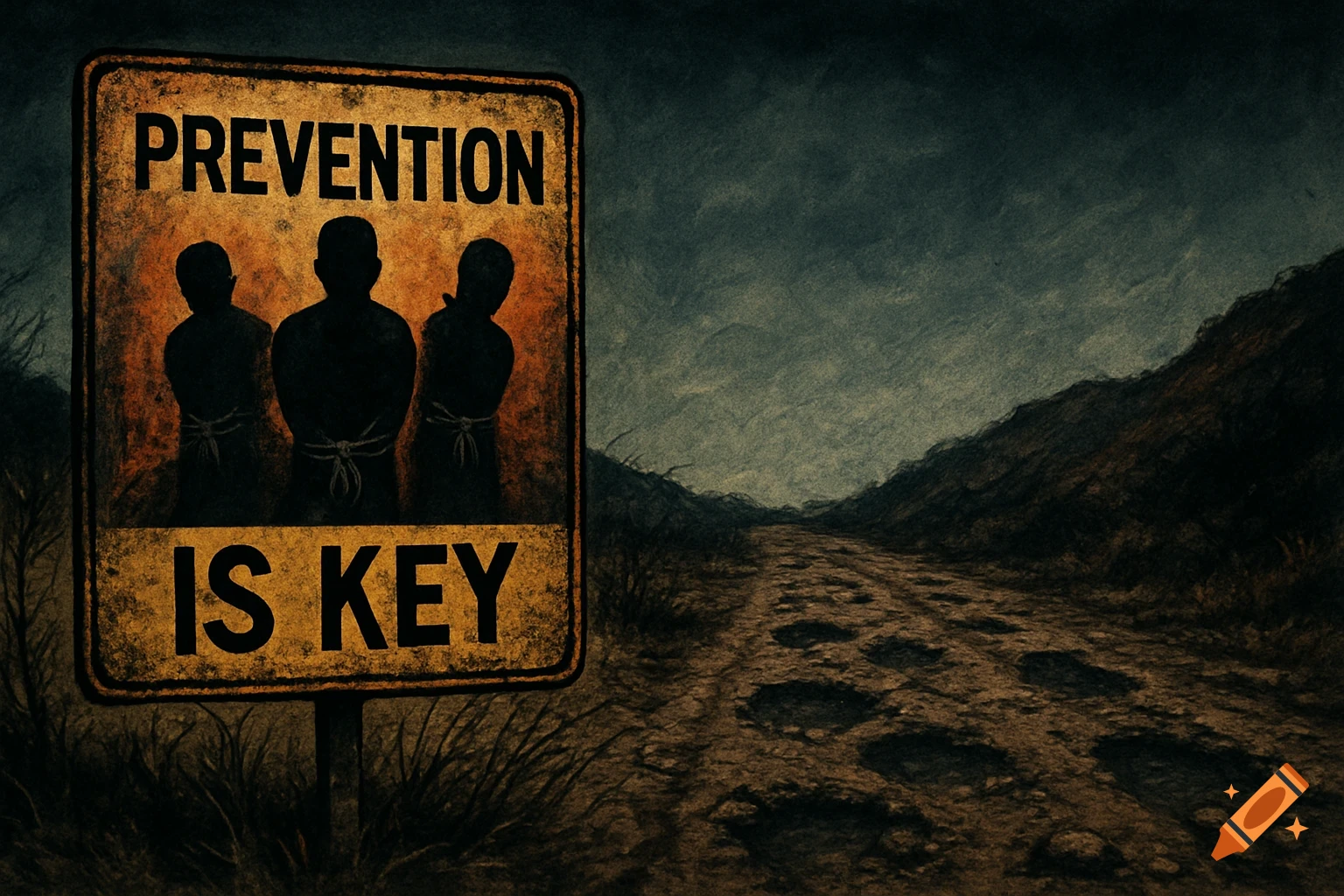 A rustic, dark drawing of a warning sign reading 'PREVENTION IS KEY' with three bound silhouettes, on a desolate, rocky road under a gloomy sky.