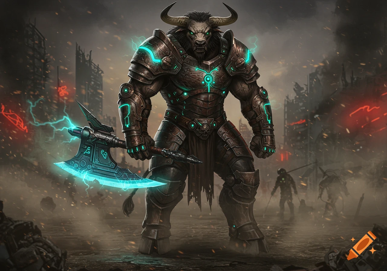 A heavily armored minotaur with glowing turquoise accents stands in a ruined, smoky city, holding a large, glowing axe.