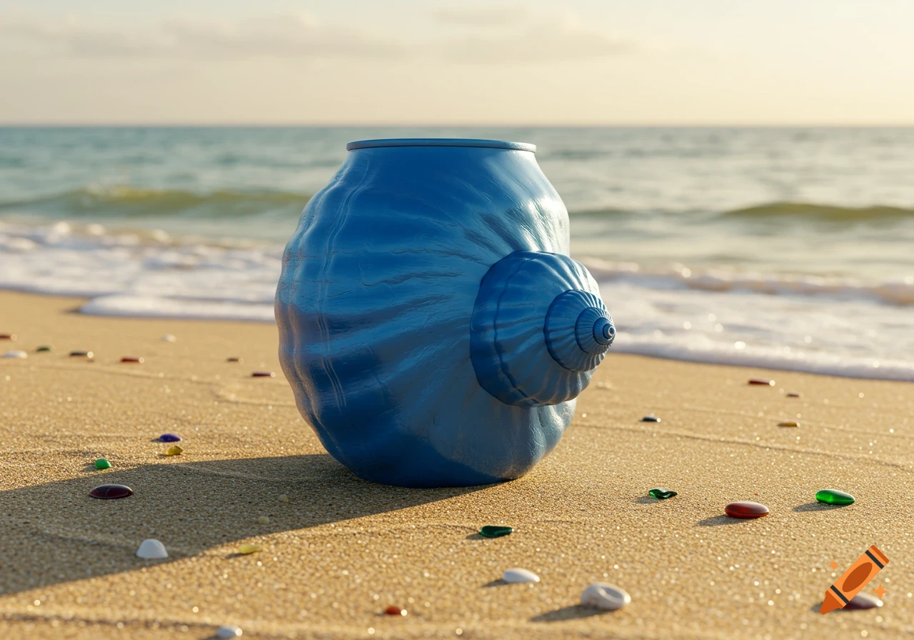 A blue plastic Jerry can resembling a conch shell sits on a sandy beach with colorful pebbles and the ocean in the background.