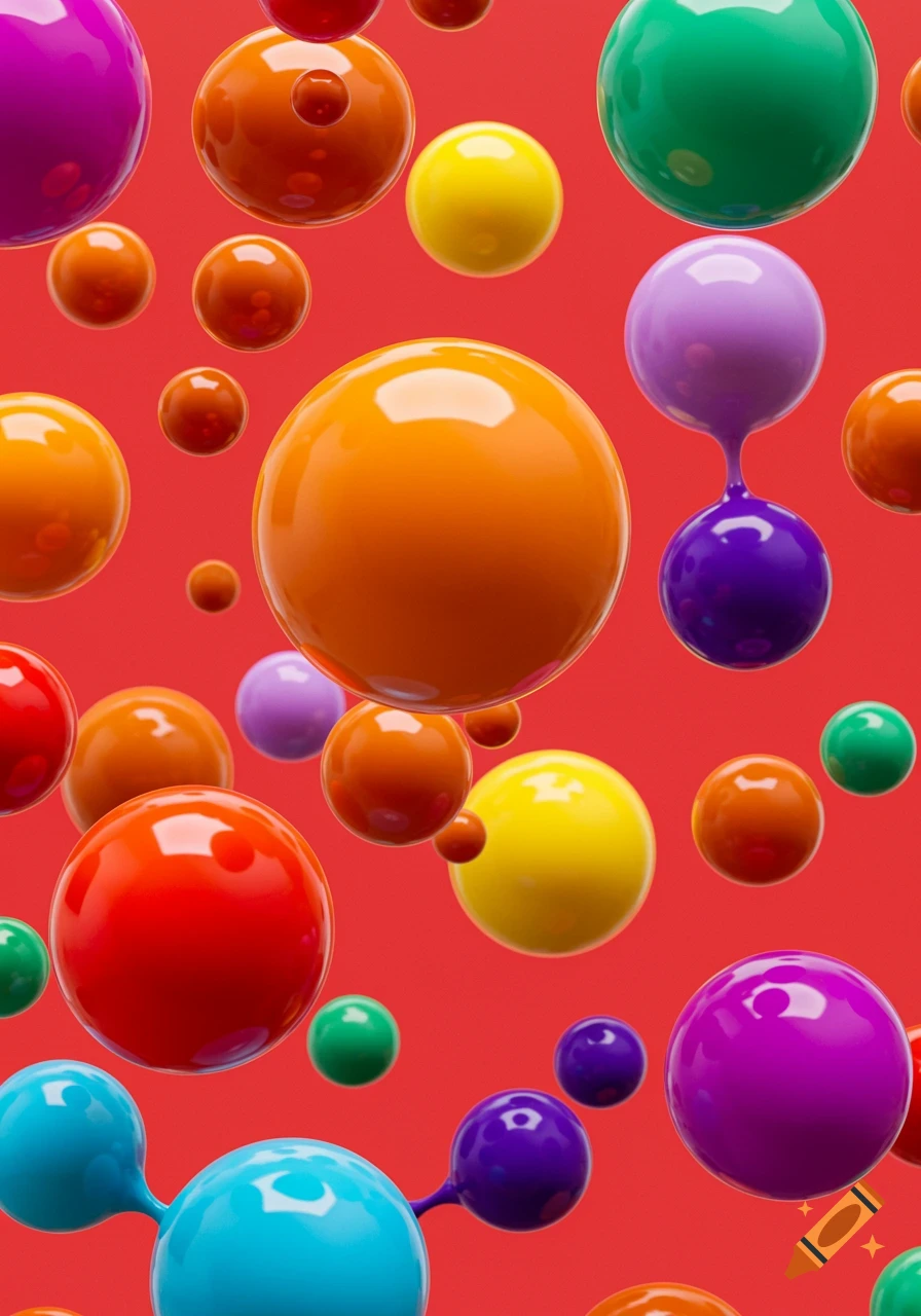 Vibrant abstract pattern of glossy, colorful spheres and blobs floating on a red background.