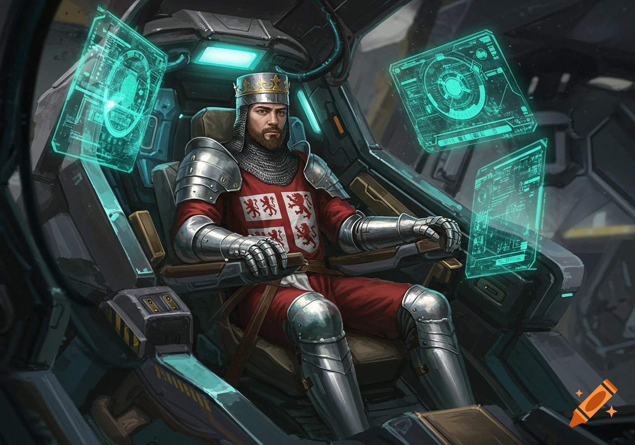 A medieval knight wearing full armor and a crown sits in the cockpit of a futuristic mech, looking forward at holographic screens.