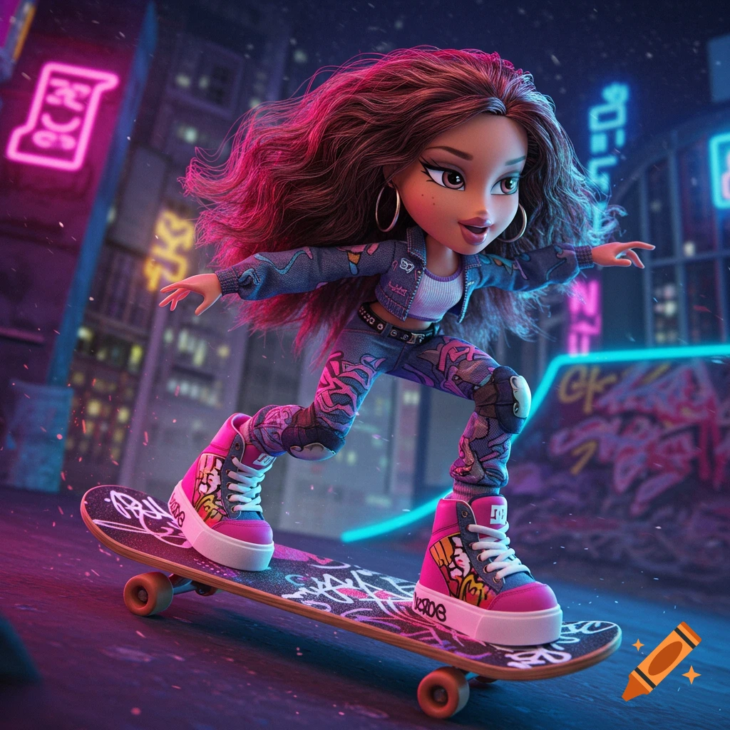 A stylized Bratz doll skateboards at night in a neon-lit urban setting, wearing a denim jacket and patterned pants.