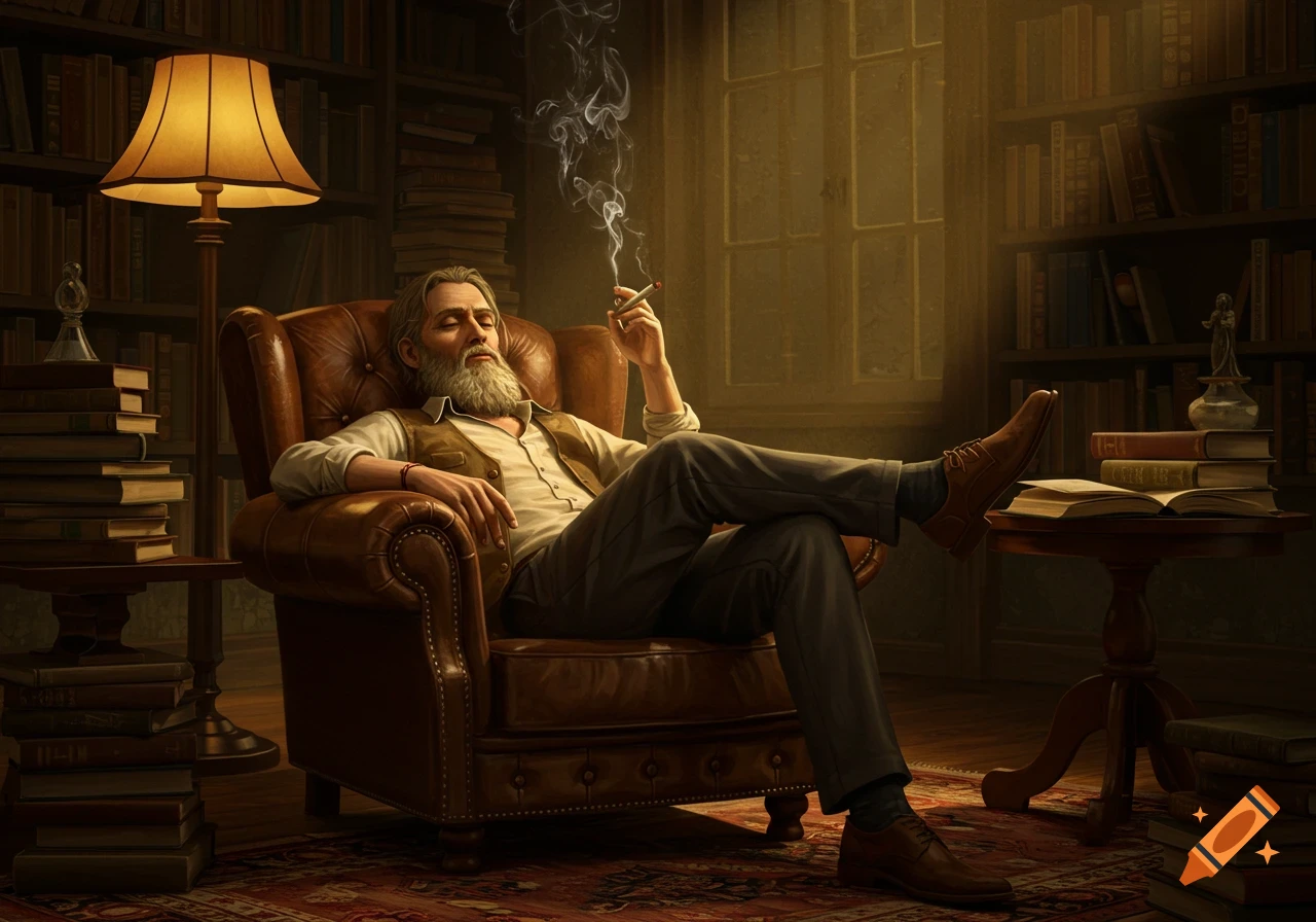 A photorealistic image of a bearded man relaxing in a leather armchair in a dimly lit library, smoking a cigarette, with books surrounding him.