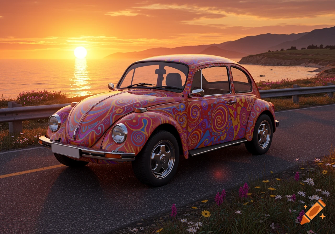 Photorealistic psychedelic Volkswagen Beetle parked on a coastal road at sunset, with ocean and mountains.
