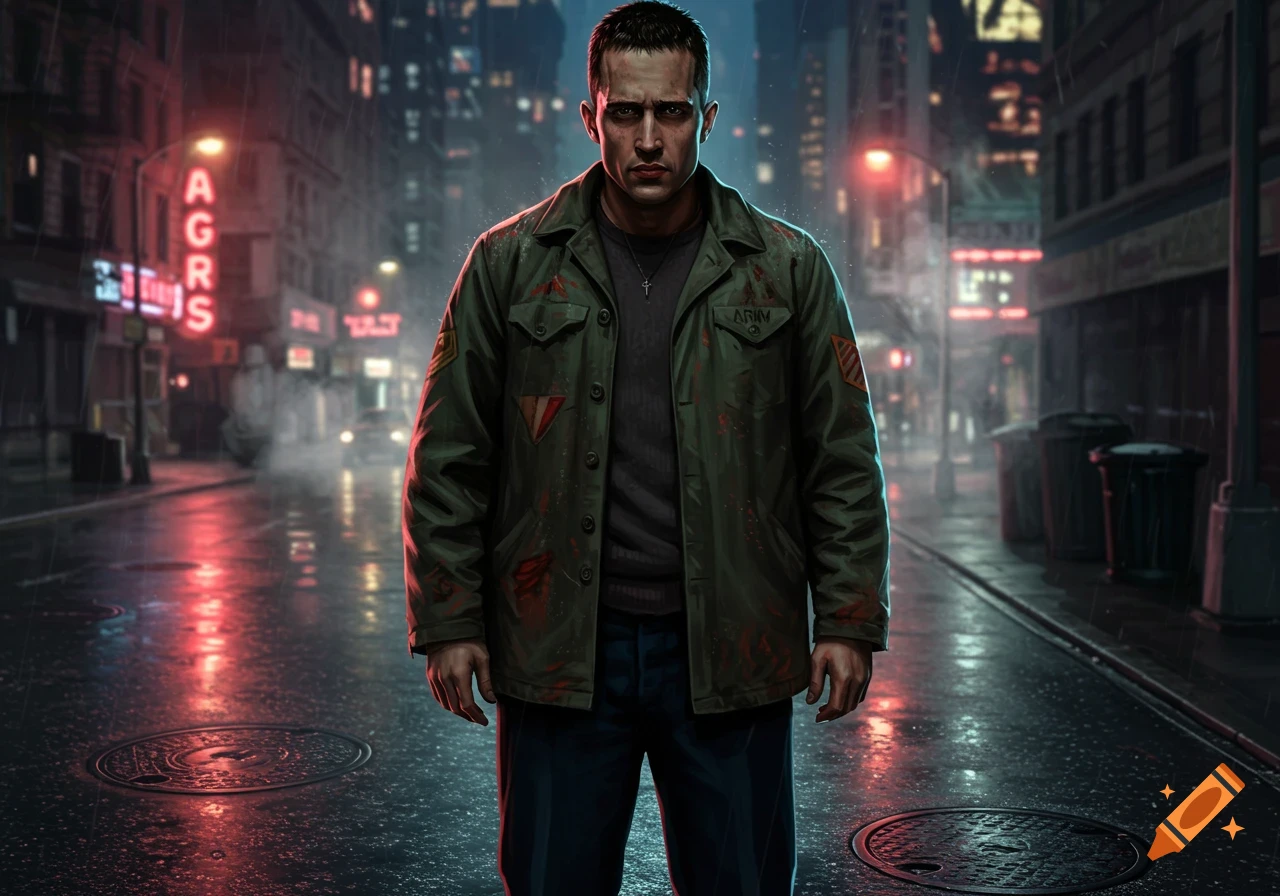 A grim-faced man in a green military-style jacket stands on a wet, rainy city street at night, with neon signs in the background.