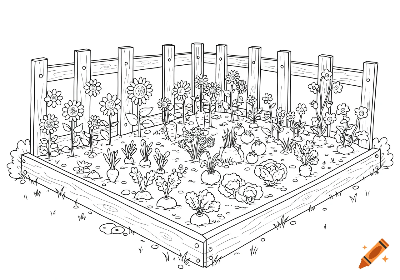 Black and white coloring book illustration of a simple backyard garden with flowers and vegetables in a raised bed.
