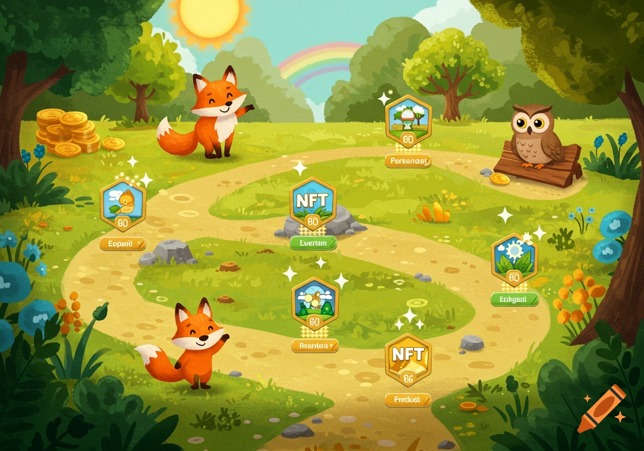 Child-friendly cartoon map UI with a winding quest path, two foxes, an owl, golden coins, and hexagonal NFT badges in a lush forest.