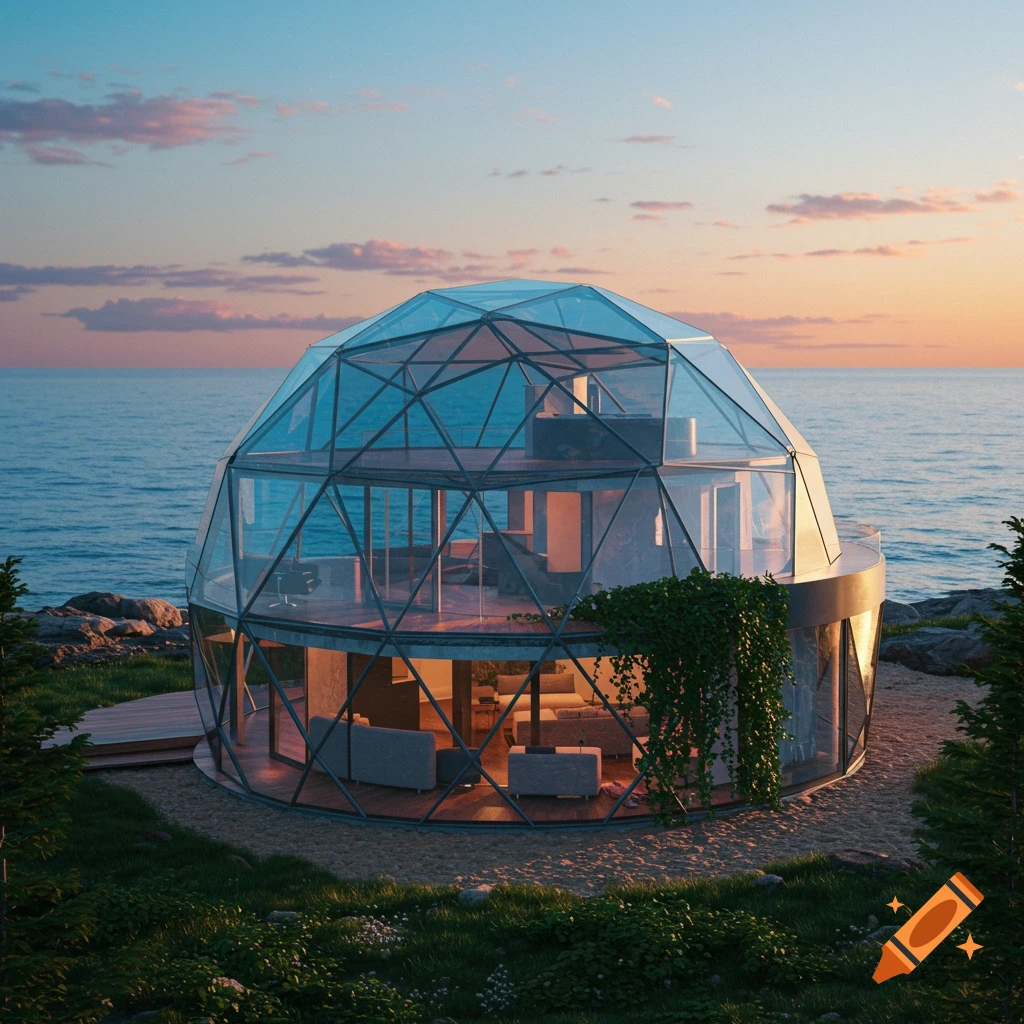 A photorealistic glass dome house by the ocean at sunset, with interior lights glowing.