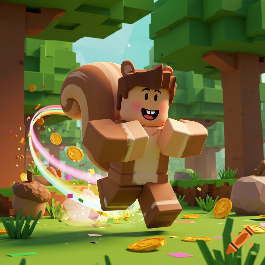 A Roblox-style character in a squirrel costume jumps through a blocky forest, surrounded by golden coins and colorful confetti.