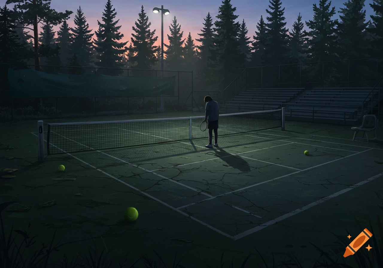 An illustrated person stands on an old, cracked tennis court at dusk, surrounded by pine trees and illuminated by a lamppost.
