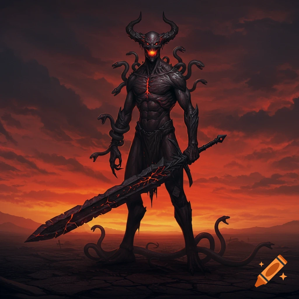 A dark horned demon with glowing red eyes stands in a desolate landscape under a fiery red sky, holding a large, cracked sword.
