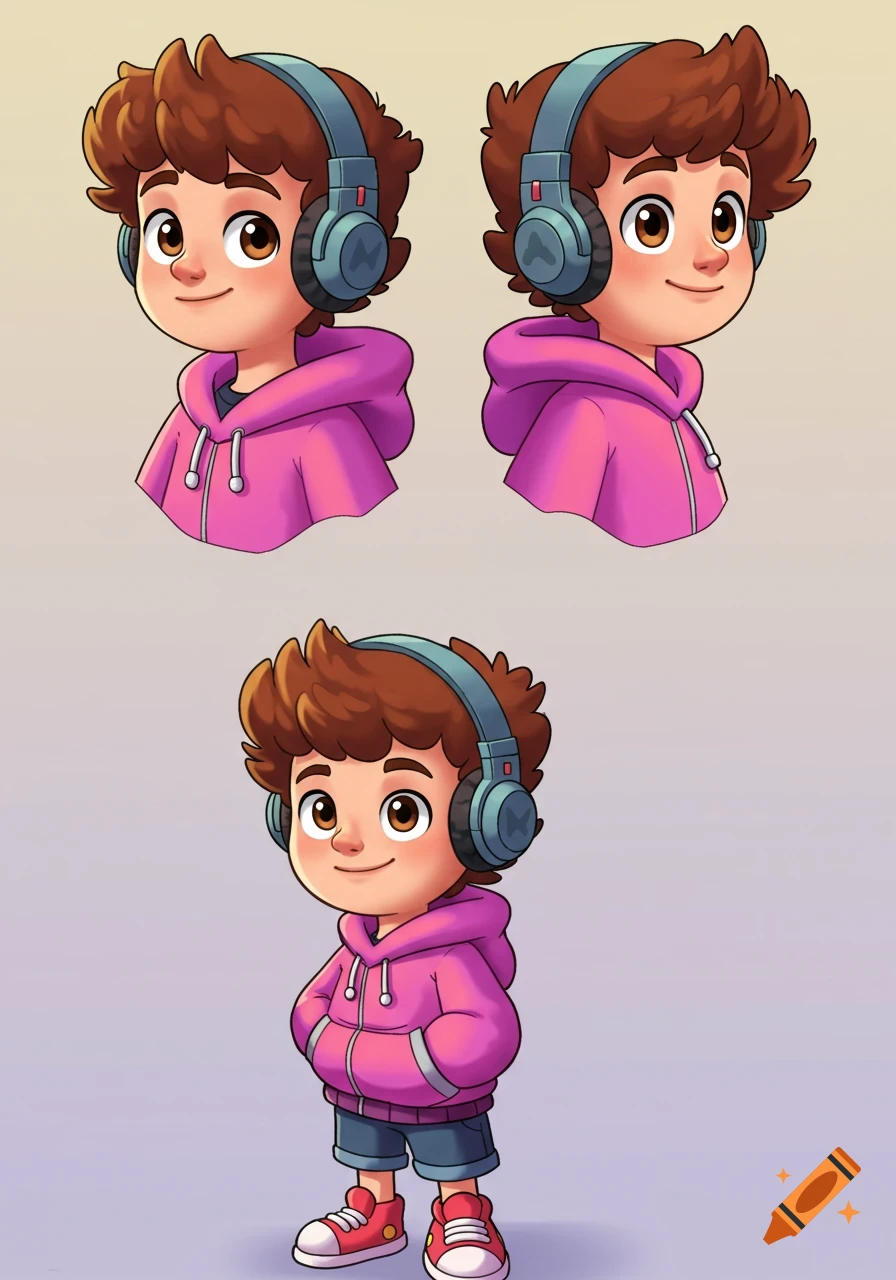 Cartoon boy with headphones, depicted in three views: front bust, side bust, and full body, wearing a pink hoodie and blue shorts.