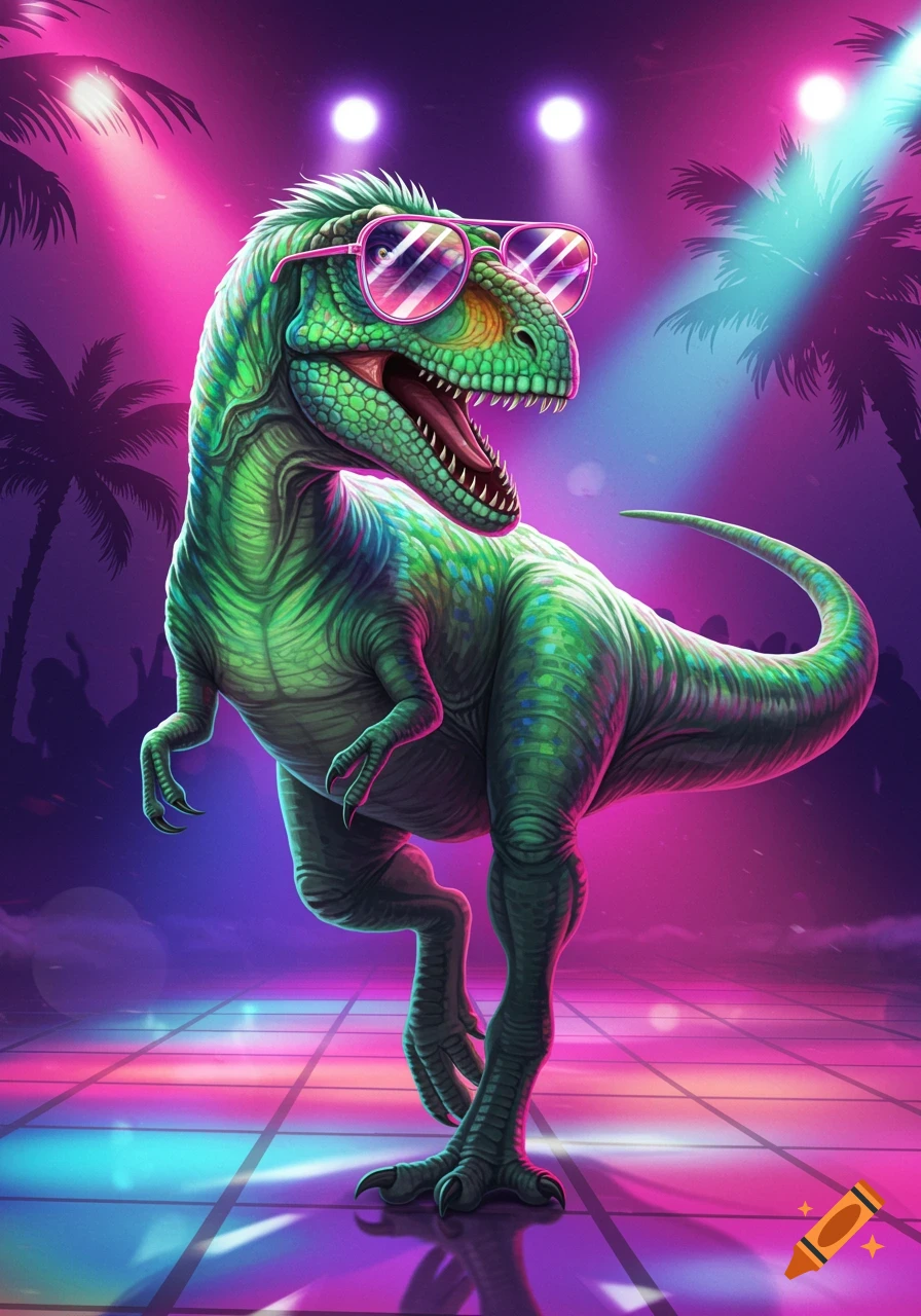 A cool green T-Rex wearing pink sunglasses dances on a reflective disco floor under neon lights.